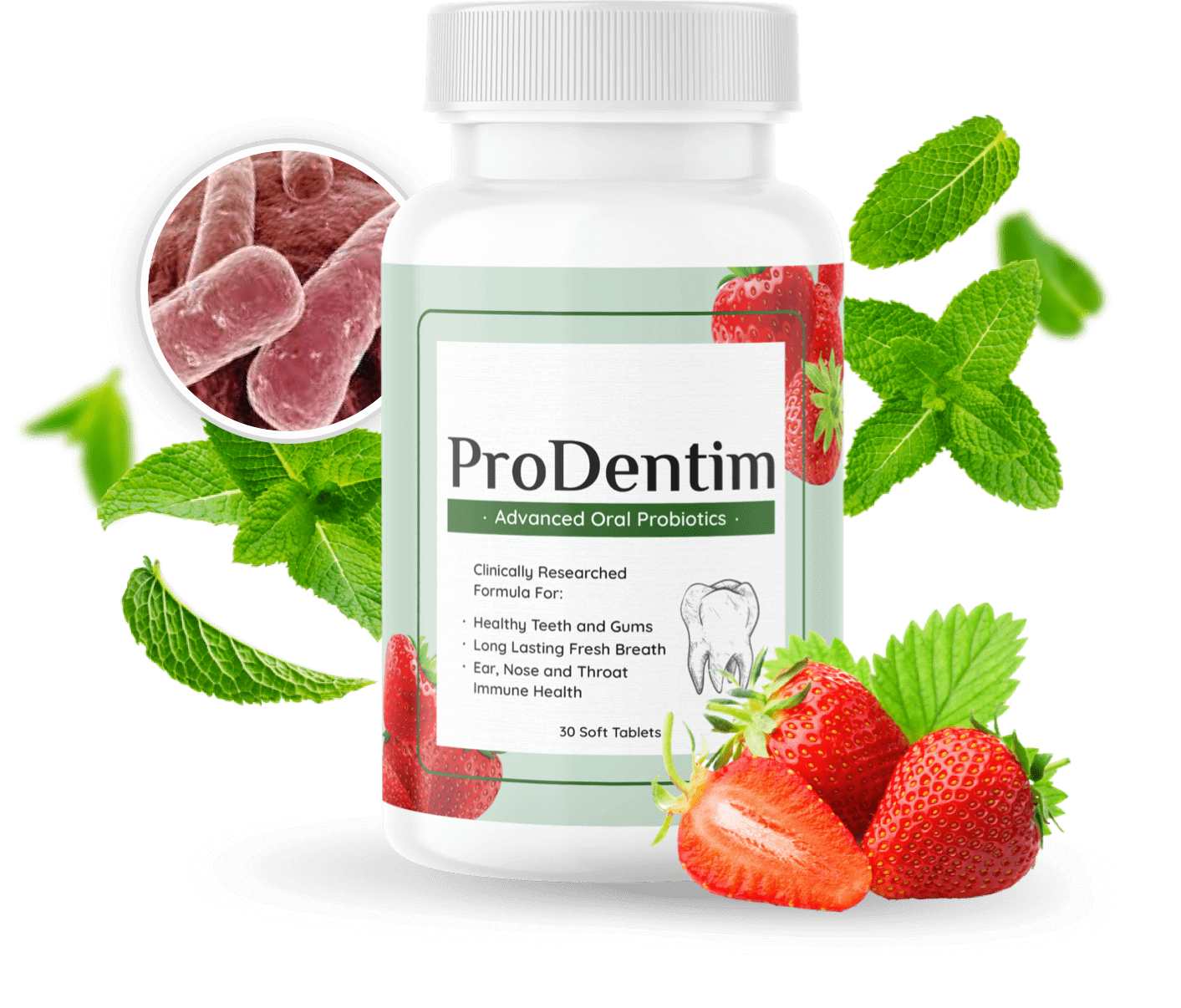 prodentim single bottle with cherry and mint leaves